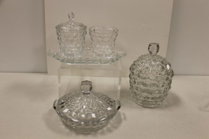 Fostoria American: sugar or candy barrel with lid: Fostoria American: sugar or candy barrel with lid (Seligson #185), lemon dish with lid (Seligson #169), and jam pots with singl lid and tray (Seligson #038)