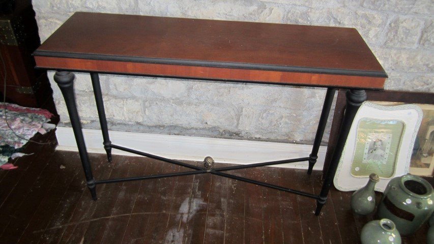 Mahogany and ebony library table with stretcher base, (1 of 1)