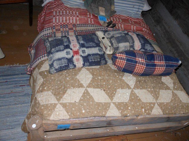 Crazy quilt, 59" x 70" and pile of textile including (1 of 3)