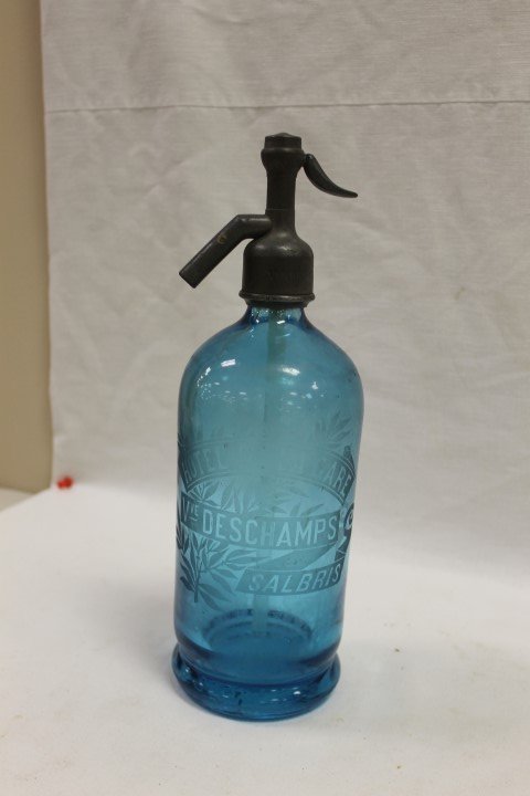 Hotel De La Gare Vve De Schamps Salbrris aqua spritzer: Hotel De La Gare Vve De Schamps Salbrris aqua spritzer bottle with pewter top marked "Gueret Fre. Paris Etain Sans Plomb"