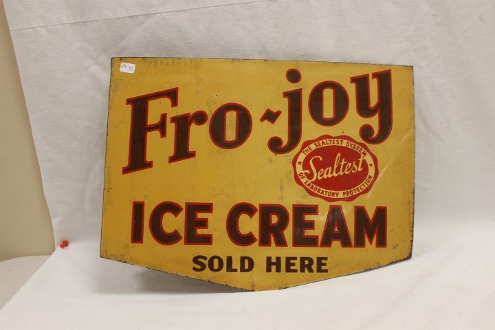 Fro-Joy Ice Cream double sided flange sign, minor loss: Fro-Joy Ice Cream double sided flange sign, minor loss and rusting, 16" long, 11 3/4" tall in center. "Fro-Joy Ice Cream Sold Here Sealtest The Sealtest System of Laboratory Protection".