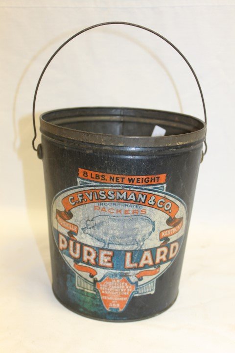 C.F. Vissman & Co. Louisville, KY Incorporated Packers: C.F. Vissman & Co. Louisville, KY Incorporated Packers 8 lb. lard tin with great graphics of a large hog. Some wear and loss. 8 3/8" tall, no lid, seamed tin.