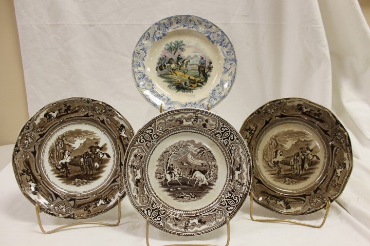 Historical Ironstone China: Potsdam Pierre Regout: Historical Ironstone China: Potsdam Pierre Regout Maastricht scene of Napoleon in Egypt, 8 5/8", minor back rim chip, some discoloration; (2) Shaw's "Peruvian Horse Hunt" with British Registry mark, o