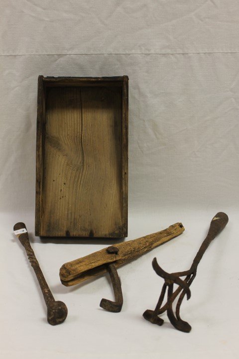 Primitive tools: wrought iron twist handle "D": Primitive tools: wrought iron twist handle "D" branding iron, 12 " long; wrought iron handle flat top "K" branding iron, 16" long; wooden handle catch; double sided tapering box