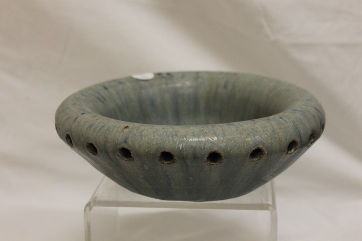 Greg Seigel grey/blue mottled flower frog bowl, 8": Greg Seigel grey/blue mottled flower frog bowl, 8" wide, 2 3/4" tall. Seigel was a potter working in Owenton, KY using both wood and gas to fire his works.