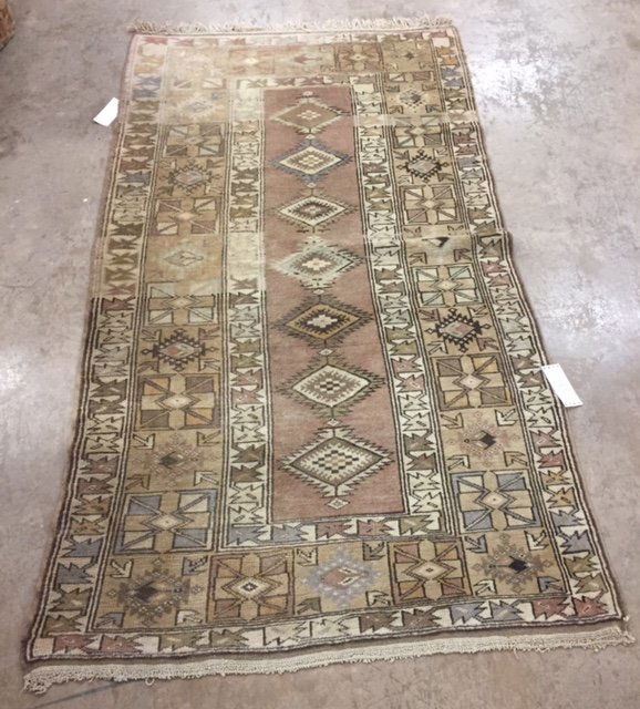 Genuine antique Turkish Melas, 3'10" X 7', Suggested: Genuine antique Turkish Melas, 3'10" X 7', Suggested Retail Price is $4,830. With wear on one corner.