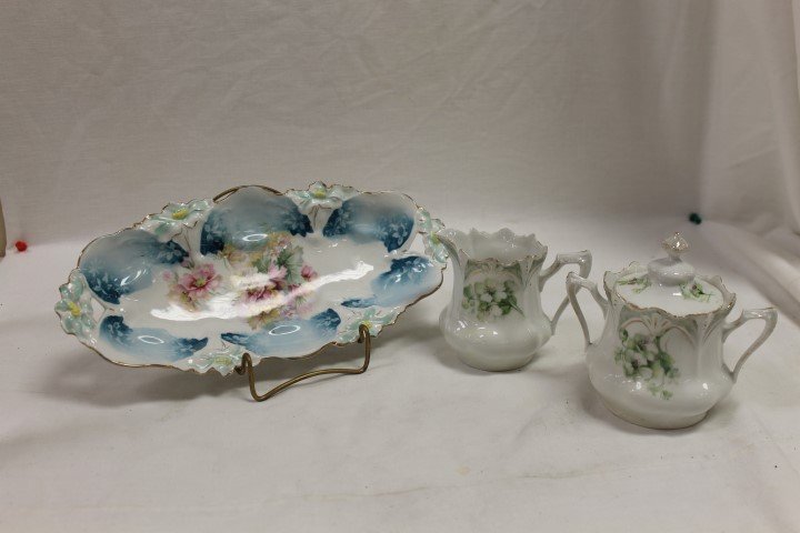 Bar mold mark RS Prussia lily mold 12 1/2" relish with: Bar mold mark RS Prussia lily mold 12 1/2" relish with floral decoration, unmarked RS Prussia creamer and covered sugar with dogwood decoration, minute rim nick on sugar base
