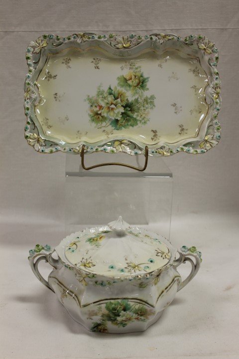 Steeple mark RS Germany 11 5/8" lustre finish floral: Steeple mark RS Germany 11 5/8" lustre finish floral decorated dresser tray and cracker jar.