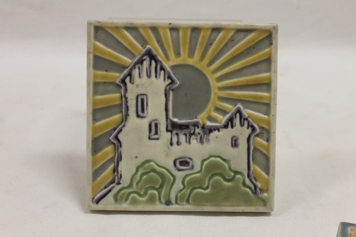 Rookwood 1925 #3205 trivet with sun, house and trees,: Rookwood 1925 #3205 trivet with sun, house and trees, app. 5 3/4"