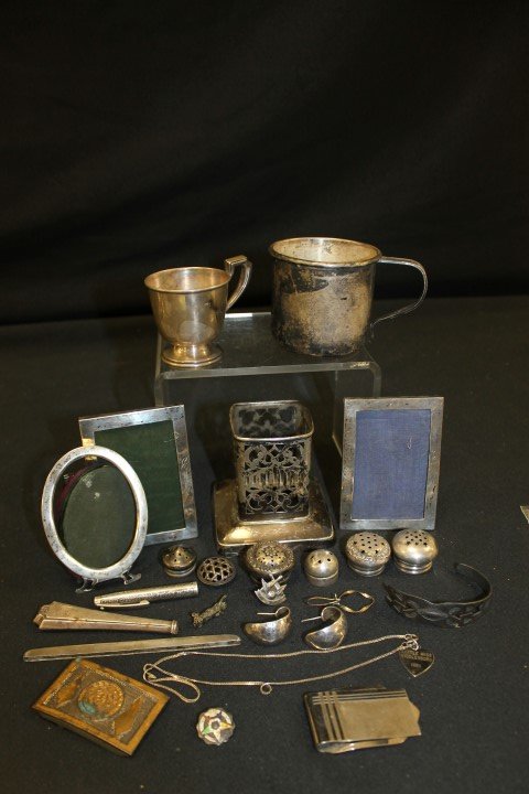 Sterling silver: child's cup, demi cup frame, (3): Sterling silver: child's cup, demi cup frame, (3) picture frames, (6) S&P lids, reticulated condiment frame, Shaeffer pin top, handle, comb crest, Little Miss Middlesboro 1981 runner up heart charm an