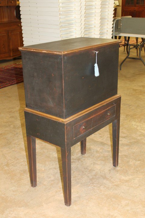 David T. Smith reproduction of a poplar Hepplewhite: David T. Smith reproduction of a poplar Hepplewhite style Southern cellarette with Ulta museum finish in red/black distressed paint with gold highlights. Forms depicts an actual Charleston South Carol