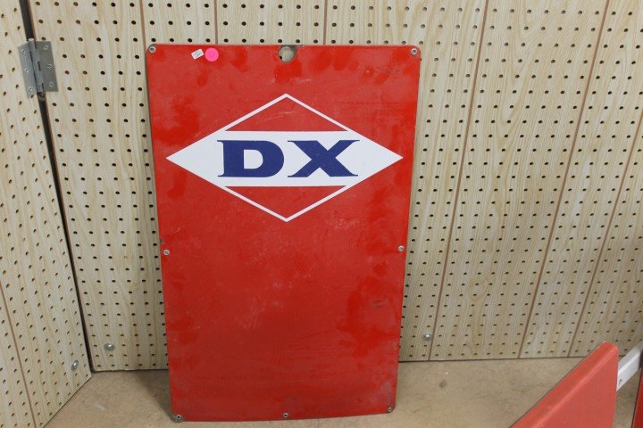 DX porcelain pump plate sign, 15 1/2" X 26", small: DX porcelain pump plate sign, 15 1/2" X 26", small porcelain chips at lock hole and left edge