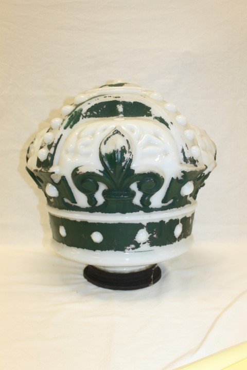 Standard Oil Crown Gasoline globe, green over red: Standard Oil Crown Gasoline globe, green over red paint, with wear and threaded base and flange. App. 17 1/2" tall, 17" wide. Lare home in side, with two line cracks extending from the hole