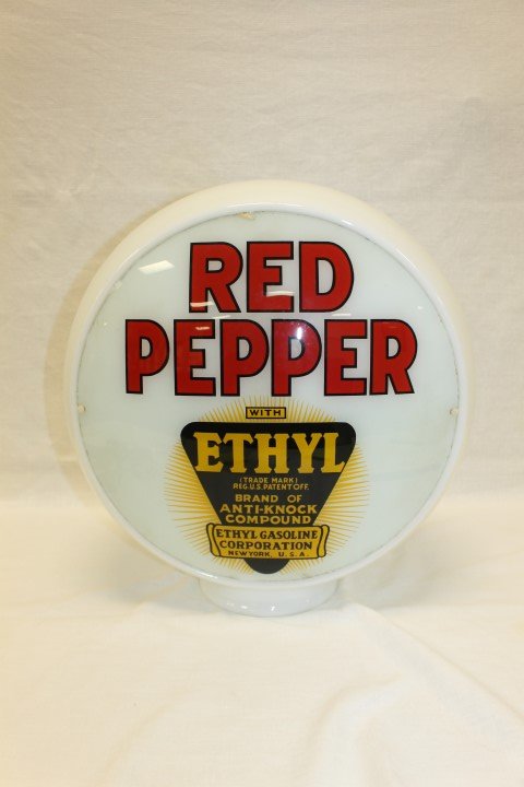 Red Pepper Ethyl Gasoline 13 1/2" single face on wide: Red Pepper Ethyl Gasoline 13 1/2" single face on wide body reproduction glass gas globe, app. 16 1/2" tall