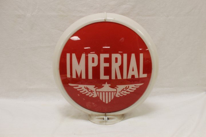 Imperial 3-piece globe with Capco body, 13 1/2": Imperial 3-piece globe with Capco body, 13 1/2" lens/faces, app. 16 1/2" tall. Stress lines in body at screw on base, back face with ship on left edge at grommett, some loss on face.