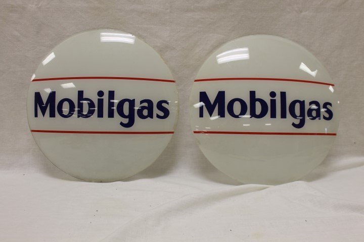 Mobilgas 15 3/8" gas globe faces/lens (2), with minor: Mobilgas 15 3/8" gas globe faces/lens (2), with minor rim chips, one with minor sliver of glass missing from face of left lens next to "s"