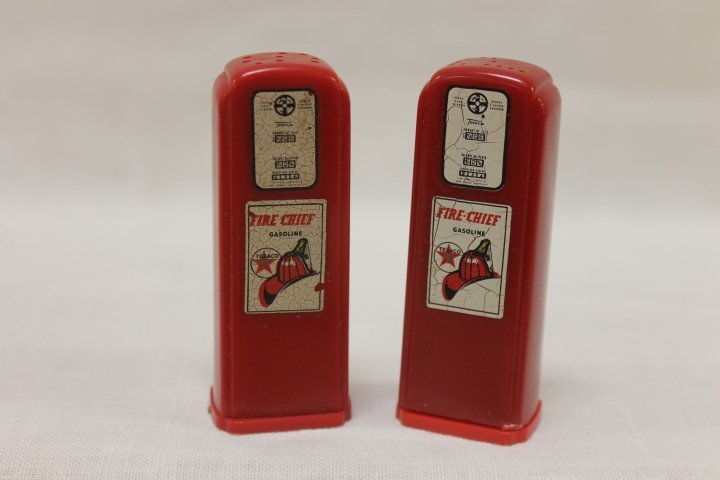 Texaco Fire Chief salt and pepper shakers, Avsco, Inc.: Texaco Fire Chief salt and pepper shakers, Avsco, Inc. Partial loss on back label, no advertising, minor wear on base