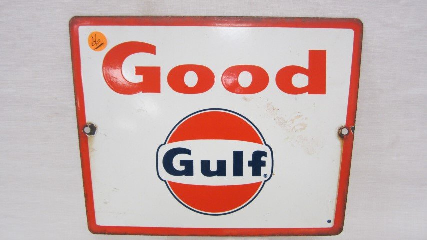 Good Gulf porcelain pump plate sign, 8 1/2" X 11",: Good Gulf porcelain pump plate sign, 8 1/2" X 11", damage at counting holes, otherwise, will clean up.