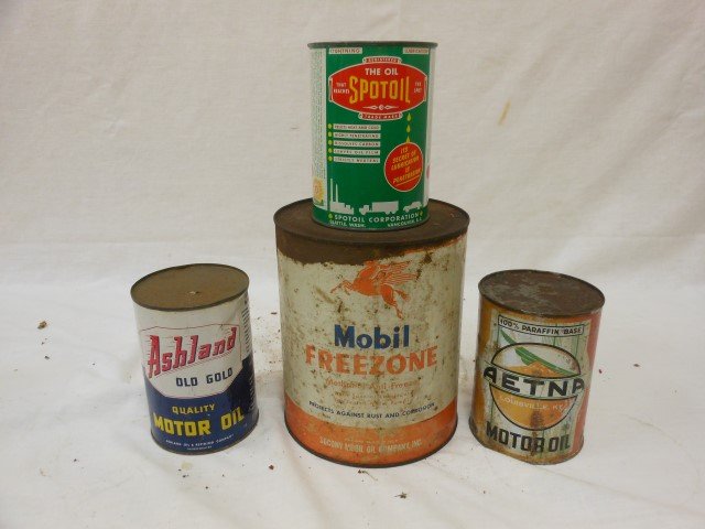 (4) Cans: Ashland Old Gold Motor Oil 1 Quart, empty,: (4) Cans: Ashland Old Gold Motor Oil 1 Quart, empty, surface rust; Spot Oil, Seattle, Washington/Vancouver, B.C., full, surface rust on top and bottom; Aetna Motor Oil, Louisville, KY (rare can), bott