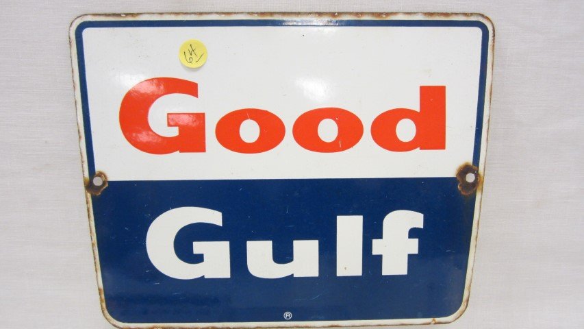 Good Gulf porcelain pump plate sign , 8 1/2" X 11",: Good Gulf porcelain pump plate sign , 8 1/2" X 11", damage at mounting holes, otherwise clean.