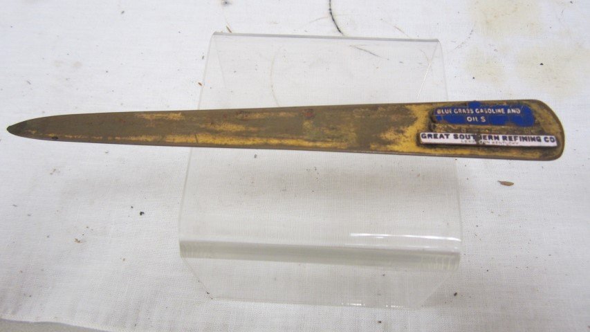 (2) enameled letter openers: Blue Grass Gasoline,: (2) enameled letter openers: Blue Grass Gasoline, Lexington, KY and Bowser