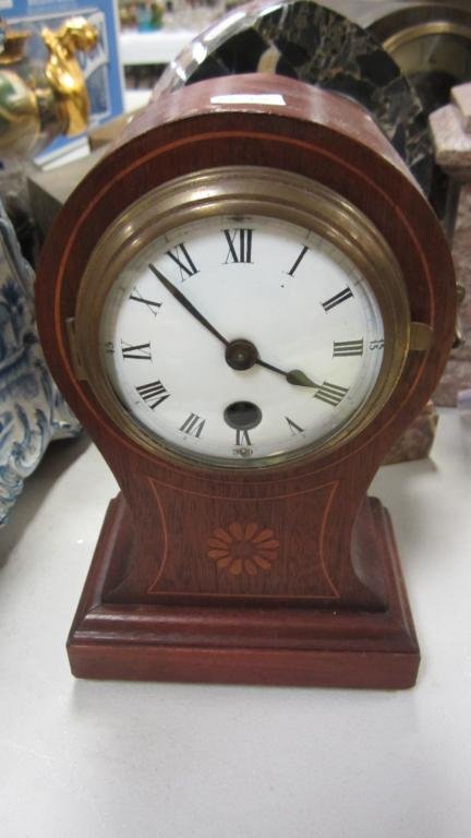 Inlaid wooden mantle clock with porcelain dial (1 of 1)