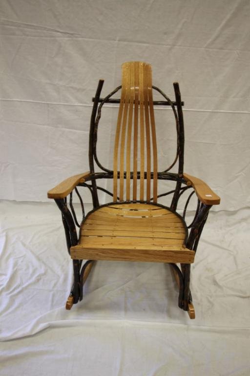 Amish-made hickory, twig and slat rocker.: Amish-made hickory, twig and slat rocker.