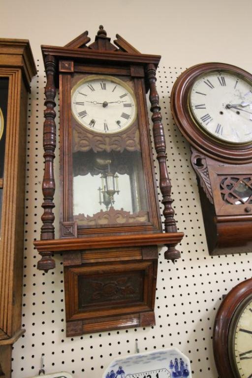 Seth Thomas walnut wall clock with pressed floral base (1 of 1)