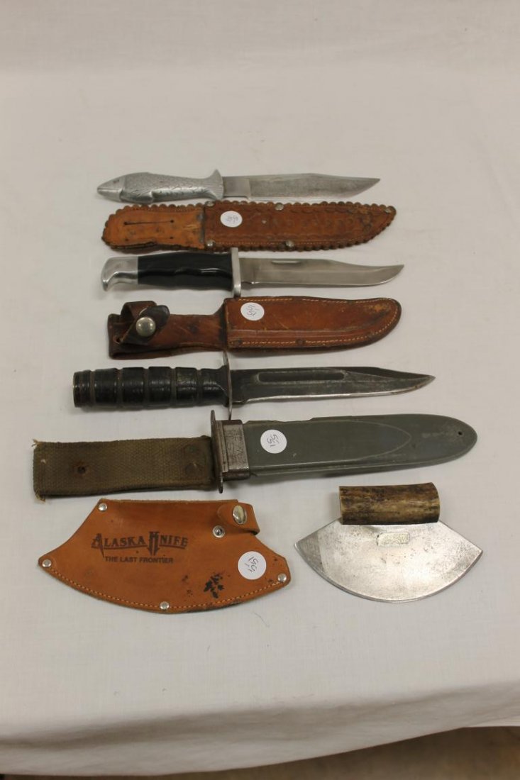 11 5/8" fish handle knife with engraved blade marked: 11 5/8" fish handle knife with engraved blade marked Mexico "Agua que no has de bebet, dejola correr, dejola. 1218"; 11" unmarked with sheath; 12 5/8" U.S.N. MK 2 with sheath, tang marked USN Mark 2 C