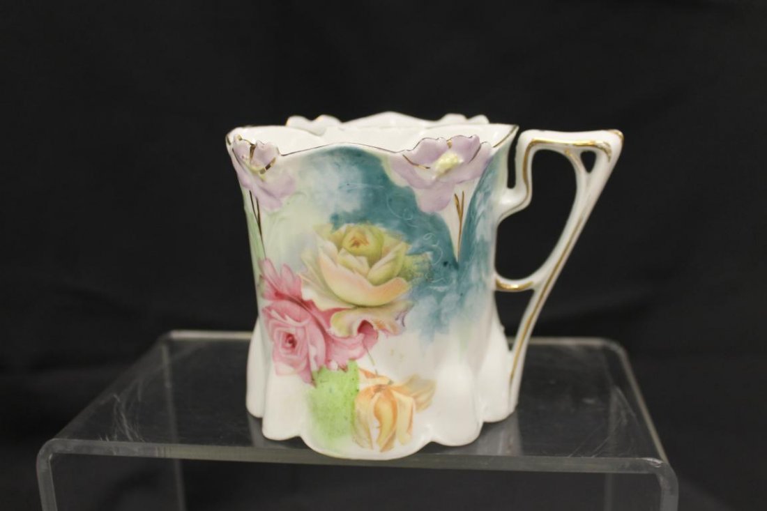 Unmarked RS Prussia Daisy mold mustached cup with: Unmarked RS Prussia Daisy mold mustached cup with roses, 3 3/4" tall