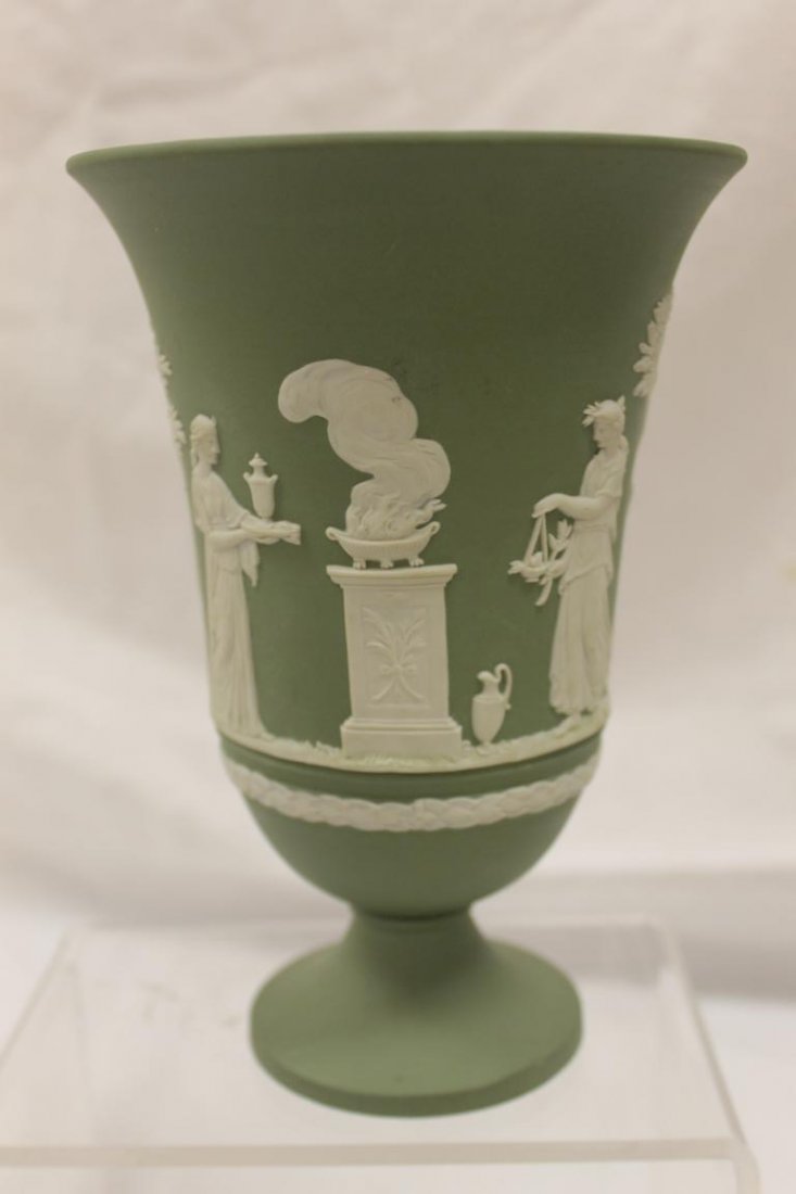 7 1/2" Wedgwood, Made in England green Jasperware flare: 7 1/2" Wedgwood, Made in England green Jasperware flare top vase