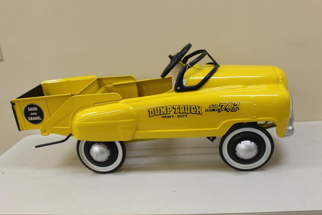 Murray Sand and Gravel Heavy Duty Dump Truck No. 742: Murray Sand and Gravel Heavy Duty Dump Truck No. 742 with Jet Flow Drive. "Sad Face" pedal car with Murray Five Position Adjust-O-Matic Pedal Drive tag in place. 46" long, 16" wide