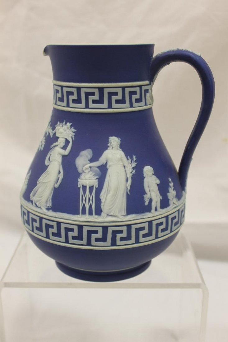 7 1/2" Wedgwood blue Jasperware jug with Greek Key: 7 1/2" Wedgwood blue Jasperware jug with Greek Key border
