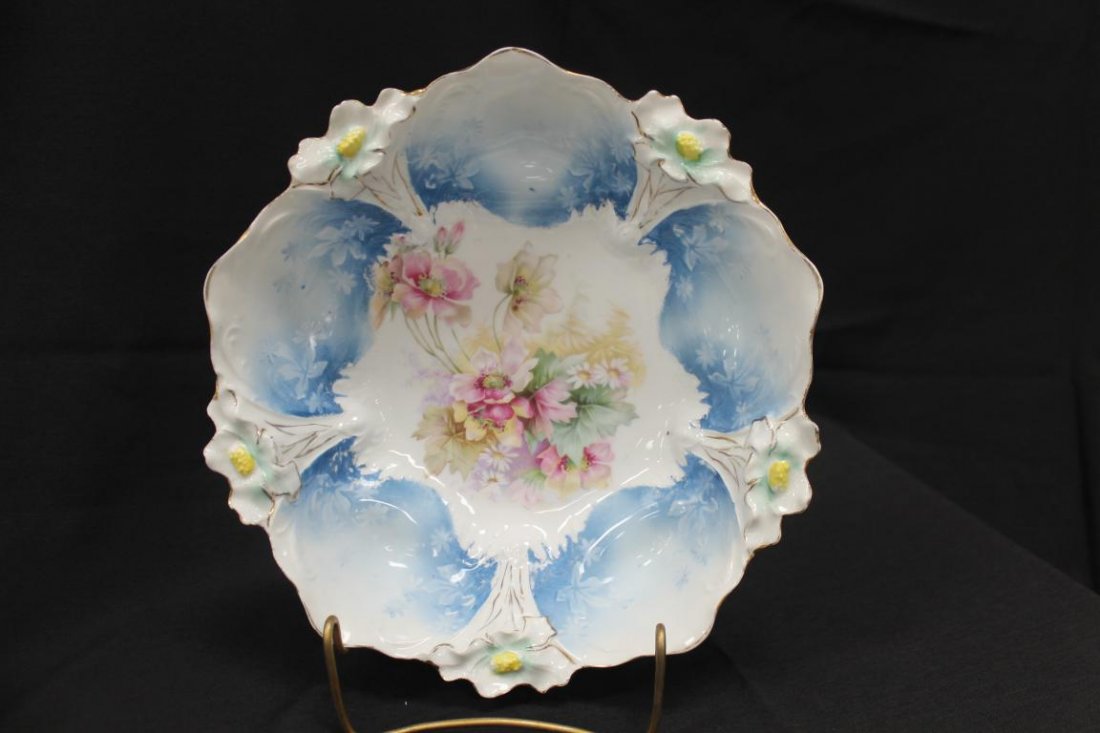 Unmarked RW Prussia Daisy mold 10 1/4" bowl with: Unmarked RW Prussia Daisy mold 10 1/4" bowl with flowers on a blue background
