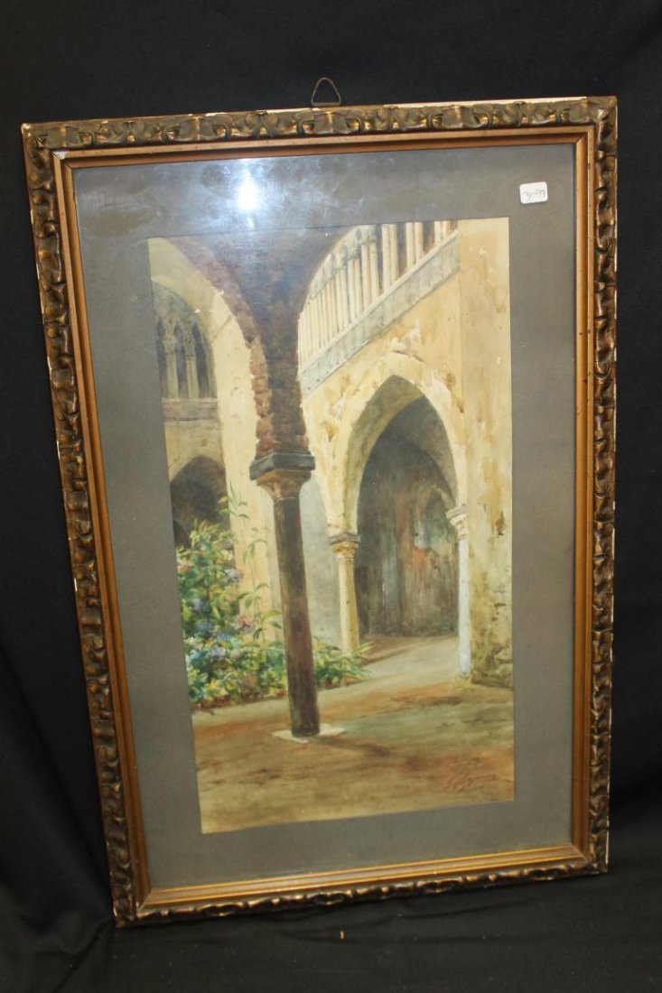 Gaetano Capone (Maori, Italy 1845-1920) watercolor: Gaetano Capone (Maori, Italy 1845-1920) watercolor signed G. Capone, Maiori at lower right. 9 5/8" X 17 1/2" image of an open archway and support colummn with flowers. Marked on reverse "grigio scusa 