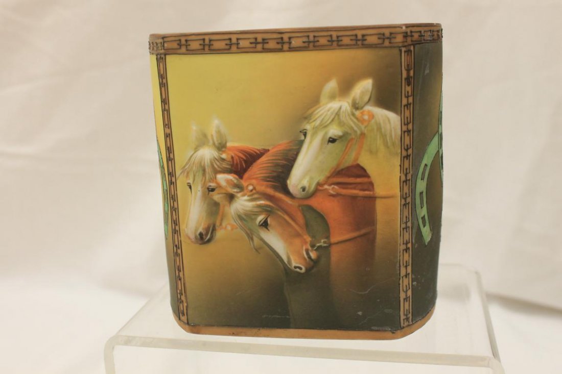 Green M with wreath Nippon molded in relief horses: Green M with wreath Nippon molded in relief horses planter, 4 7/8" tall, 4" deep, 4 7/8" wide, with minor line loss.