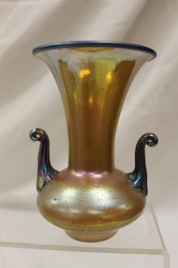 Fine Loetz style 2-handle vase with applied blue: Fine Loetz style 2-handle vase with applied blue handles and rim. Marked on base "Czechoslovakia" in an oval. 5 7/8"