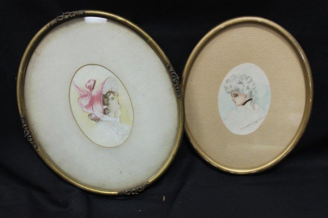Victorian framed oval portraits of Victorian ladies:: Victorian framed oval portraits of Victorian ladies: portrait of lady with choker is signed Louise McConathy .07, 3 1/4" X 4 3/4" image; lady in bonnet is unsigned, 3 3/4" X 5 1/2" image
