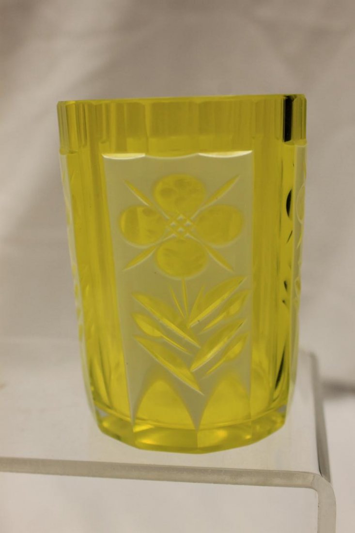 White cut-to-canary tumbler with illegible base mark.: White cut-to-canary tumbler with illegible base mark. Possibly Bacccarat? 3 3/4"