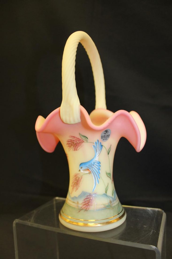 Fenton decorated Burmese twist handle basket siged O.: Fenton 10 1/4" decorated Burmese twist handle basket siged O. Fredrick. Designed by J.K. Spindler. Fenton Family piece signed by Bill Fenton, Frank M. Fenton, Don Fenton, George W. Fenton, Randy Fento