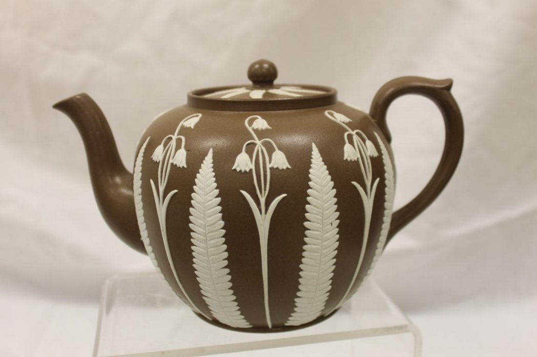 Early brown jasperware teapot, app. 5 1/2" tall.: Early brown jasperware teapot, app. 5 1/2" tall.