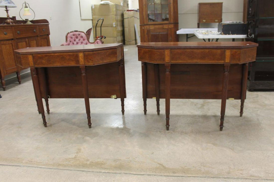 Pair of fine cherry banquet end tables with reeded: Pair of fine cherry banquet end tables with reeded legs, burl panels, reeded top edge and line inlay. Repairs at (2) hinges, minor trim loss by one right front leg, added locks to secure leaves when e