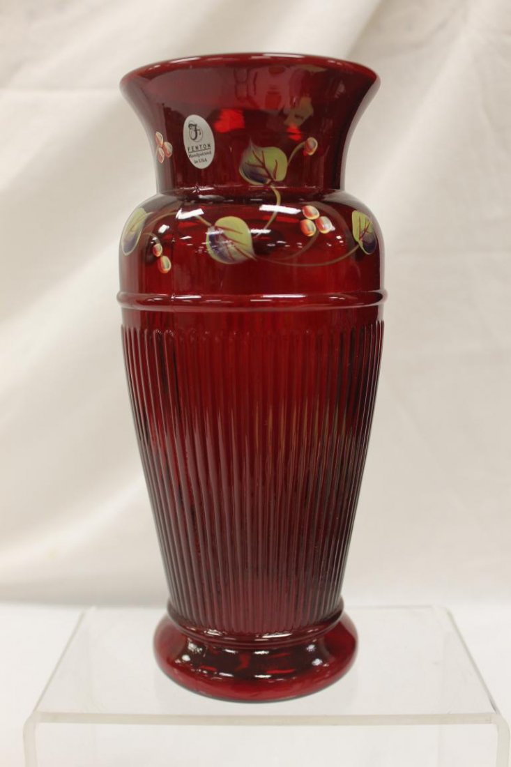 Fenton 9 5/8" ruby ribbed vase with leaf and berry: Fenton 9 5/8" ruby ribbed vase with leaf and berry decoration, signed Stan K. Fenton, "Hand painted by S. Hopkins".