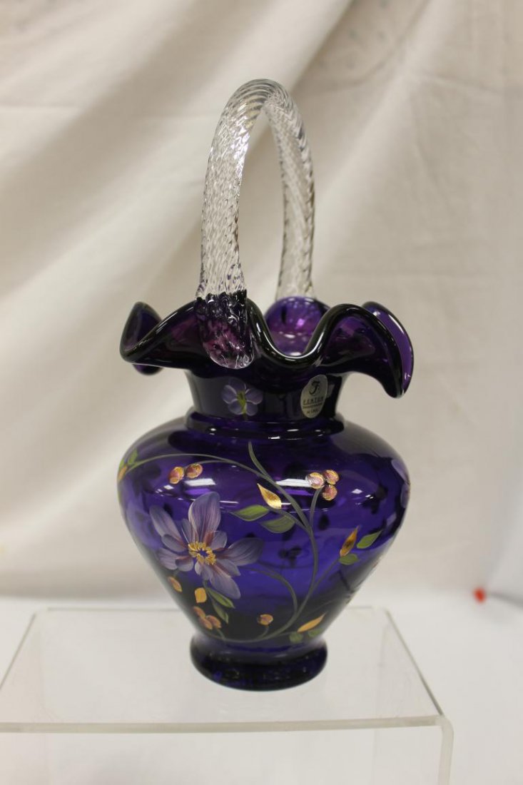 Fenton 10" bluerina (amethyst to blue) twist handle: Fenton 10" bluerina (amethyst to blue) twist handle basket with enamel and gold decoration. Designed by Frances Burton, "hand painted by Sue Jackson", #938/1750