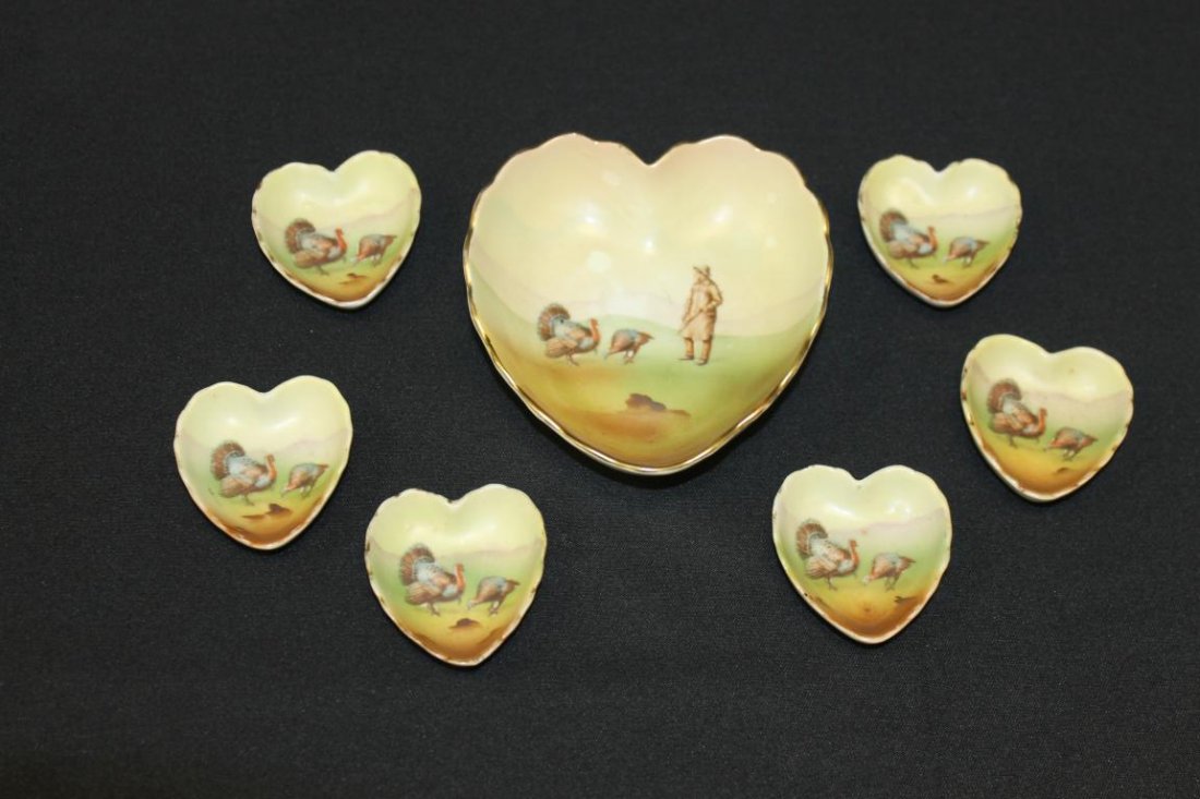 Blue mark Royal Bayreuth heart shaped salt or nut set: Blue mark Royal Bayreuth heart shaped salt or nut set with (6) individual dishes (unmarked) with man with Turkeys, Master dish is 4 3/8" X 3 7/8"