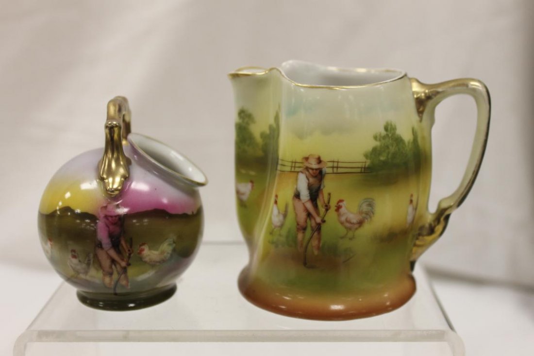 blue mark Royal Bayreuth pinch lip creamer with man: blue mark Royal Bayreuth pinch lip creamer with man with sickle and chickens, 3 5/8" tall, with line crack in body at the handle from the top; unmarked ball shape toothpick with same decoration.