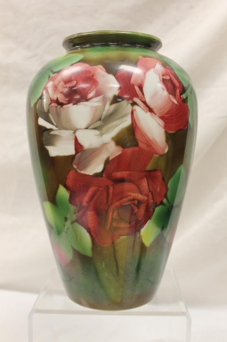 Large 13" Bristol vase with rose decoration. Minor rim: Large 13" Bristol vase with rose decoration. Minor rim nicks, minor loss on body.