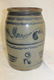 2 gallon cobalt decorated stone jar with fereehand