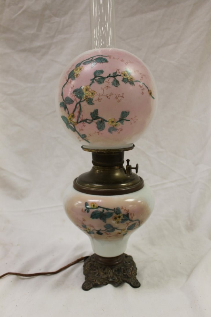 Gone With The Wind lamp with hand painted floral shade: Gone With The Wind lamp with hand painted floral shade and font, App. 19" tall at top of shade.