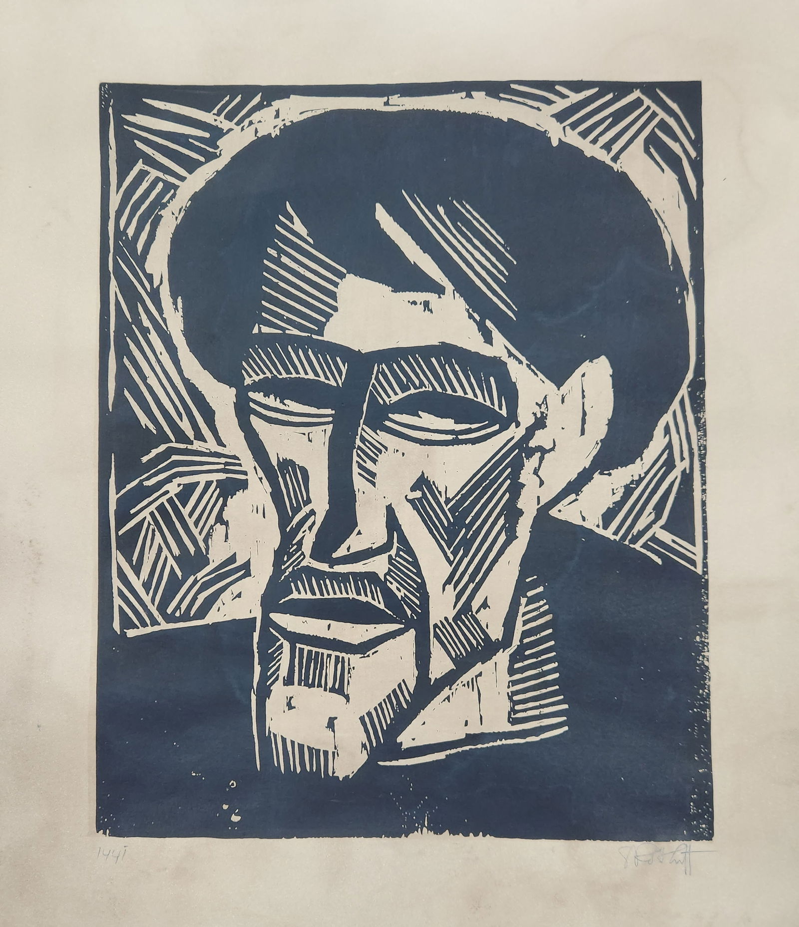 woodcut titled "BILDNIS O.M ( otto Mueller" by German Expressionist artist Karl Schmidt-Rottluff.: woodcut titled "BILDNIS O.M ( otto Mueller" by German Expressionist artist Karl Schmidt-Rottluff.Title: BILDNIS O.M ( otto MuellerDate: estimated 1914Technique: woodcut on paperSize: print size 36 cm